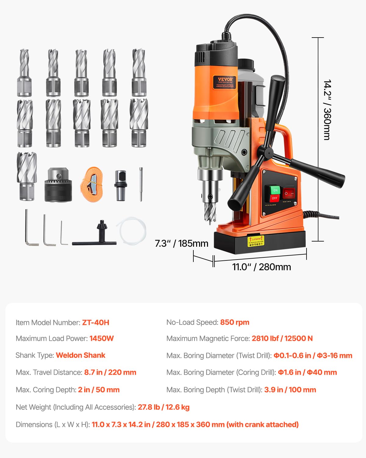 VEVOR Mag Drill Press, 1300W 1.57" Boring Diameter, 2922lbf Power Portable Magnetic Drill, 810 PRM, 11Pcs Drill Bits Electric Drilling Machine for Metal Surface, Industrial and Home Improvement