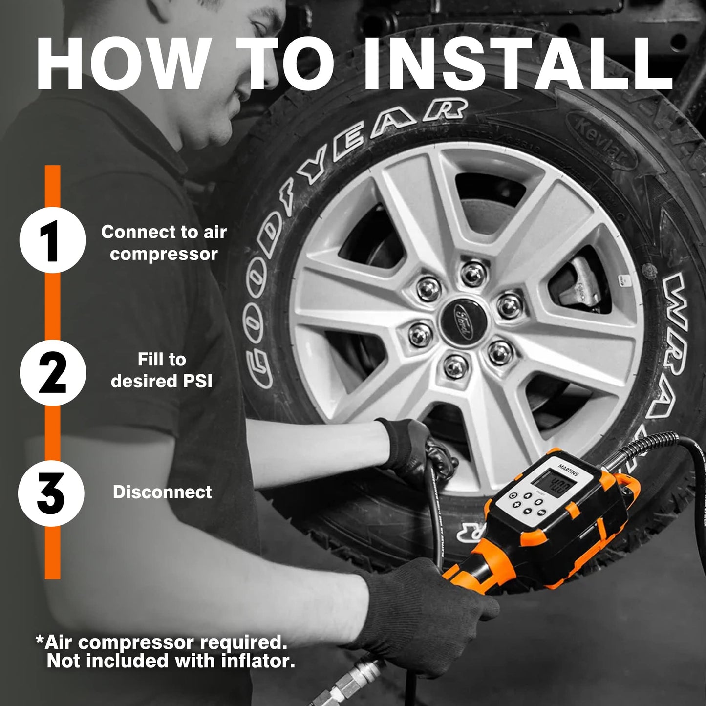 Martins Industries Flatematic Handheld Automatic Tire Inflator - up to 174 PSI, Inflate and Deflate automatically, Rechargeable - Loud signal and stop when set pressure is reach