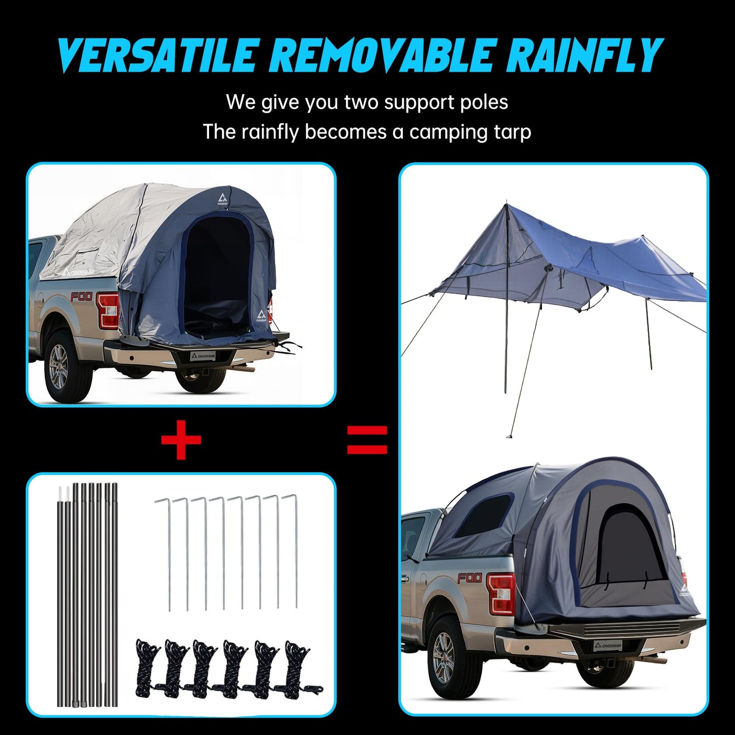 CROSSHIP 2-Person Truck Bed Tent with Awning, PU3000mm Waterproof Canopy with Insect-Prevention Mesh, Durable Anti-Tear Fabric, Easy Setup for Pickup Trucks (Fits 5.5–6ft Beds)