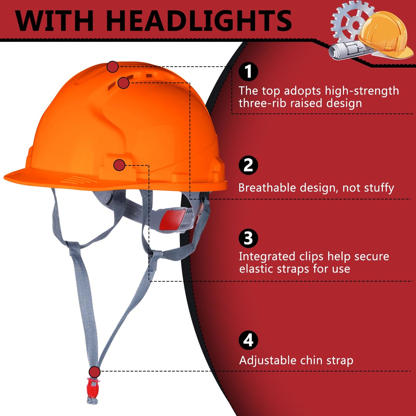 Leumoi 20 Pack 4 Pt. Suspension Hard Hat Bulk Safety Helmets ABS Ratchet Hard Hats Adjustable Construction Hardhats with Vents and Cotton Brow Pad for Men Work Head Protection(Orange,Classic)