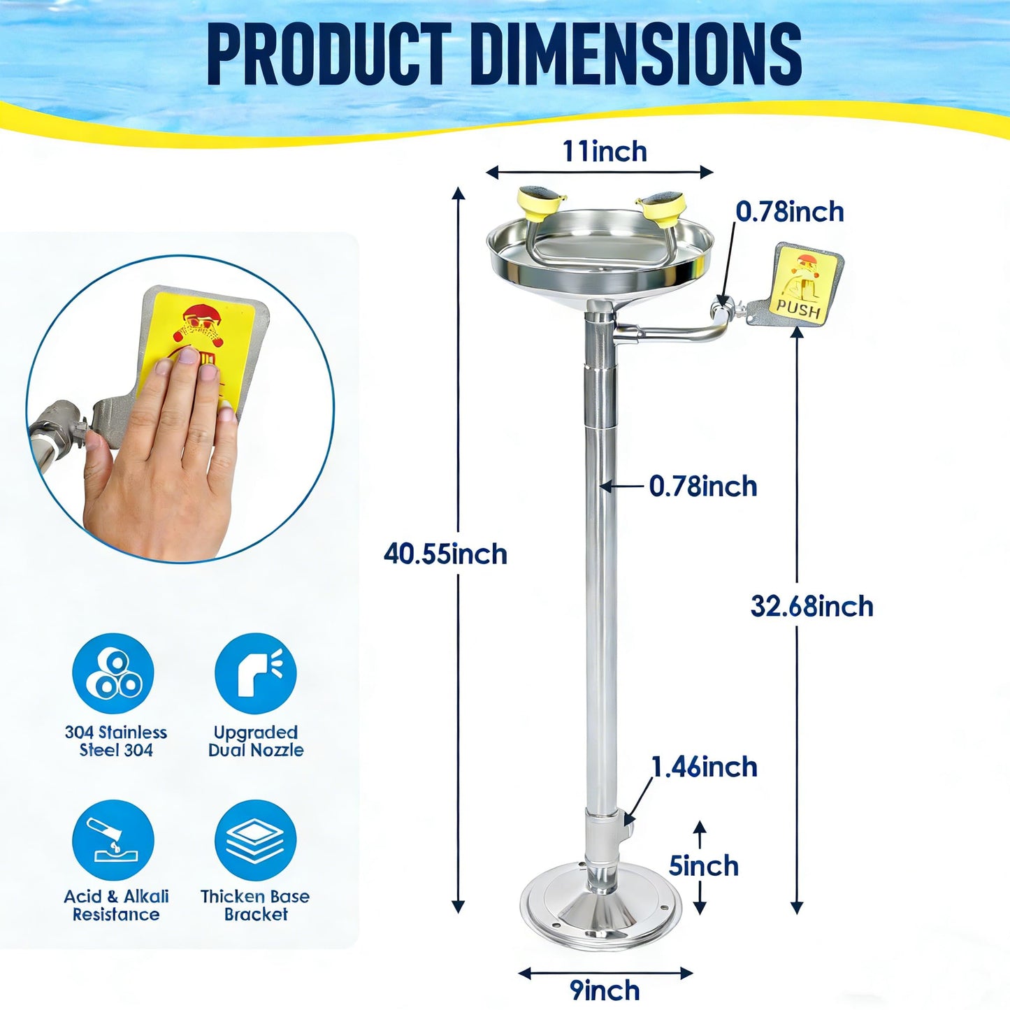 lukar Stand Up Eye Wash Station, Floor Mounted Eyewash Station, 304 Stainless Steel Eye Washing Station, Adjustable Water Flow Eye Wash Units with Dual Spray Head and Eye Wash Sign, NPT Threaded