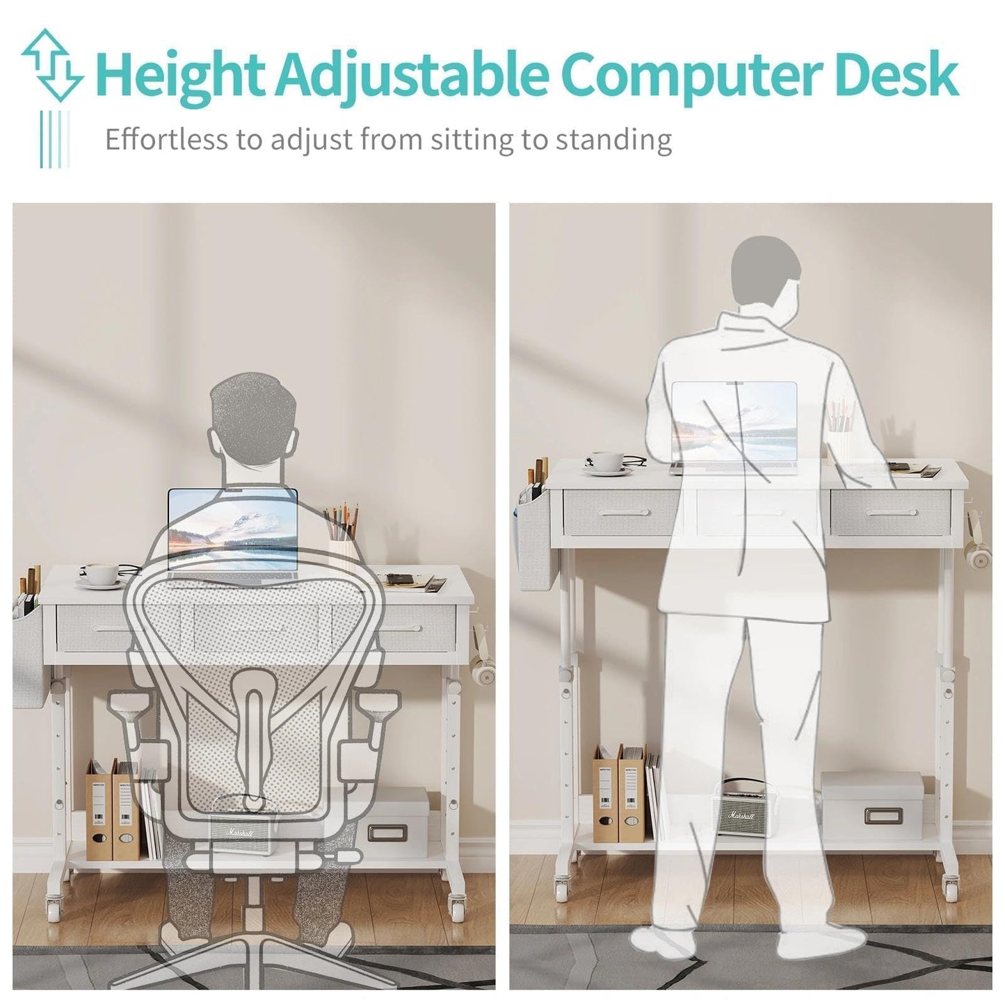 White Portable Rolling Computer Desk - 40 Inch Adjustable Mobile Standing Teacher Desks with 3 Fabric Drawers on Wheels, Couch Sofa Side Laptop Stand Up Table with Storage for Home Office, White