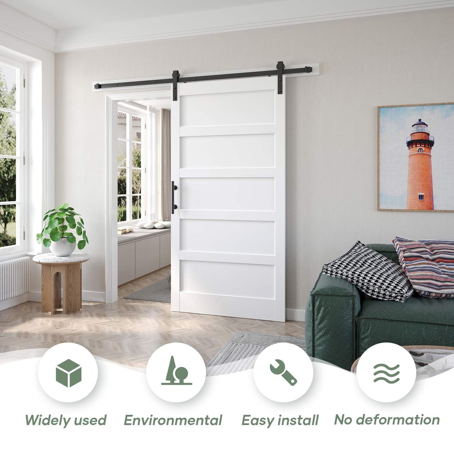 Fredbeck 40x84 inch White Barn Door with 7FT Sliding Door Hardware Kit Included & Handle,MDF,Solid PVC Surface,DIY Assembly,5-Panel