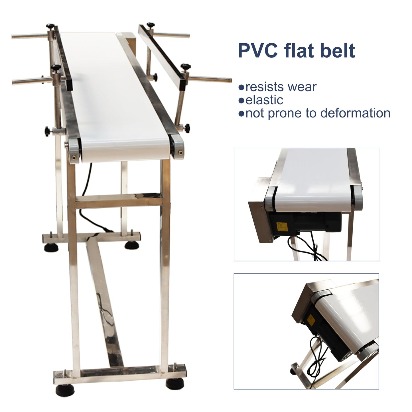 BREVELTION PVC Flat Belt Conveyor Stainless Steel Industrial Transport Conveyor Adjustable Speed Conveyor with Double Guardrails Conveyor Length 53.15inch Width 7.87inch Load 22LBS 60W