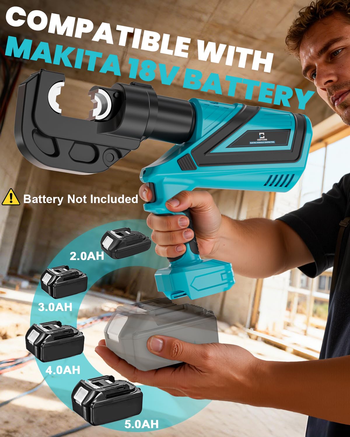 CERYCOSE Electric Hydraulic Cable Lug Crimping Tool, 12 Ton Hydraulic Crimper Compatible with Makita 18V Battery, Electrical Terminal Cable Wire Fiber Crimper Kit with 12 Dies, 6AWG-800MCM, Tool Only