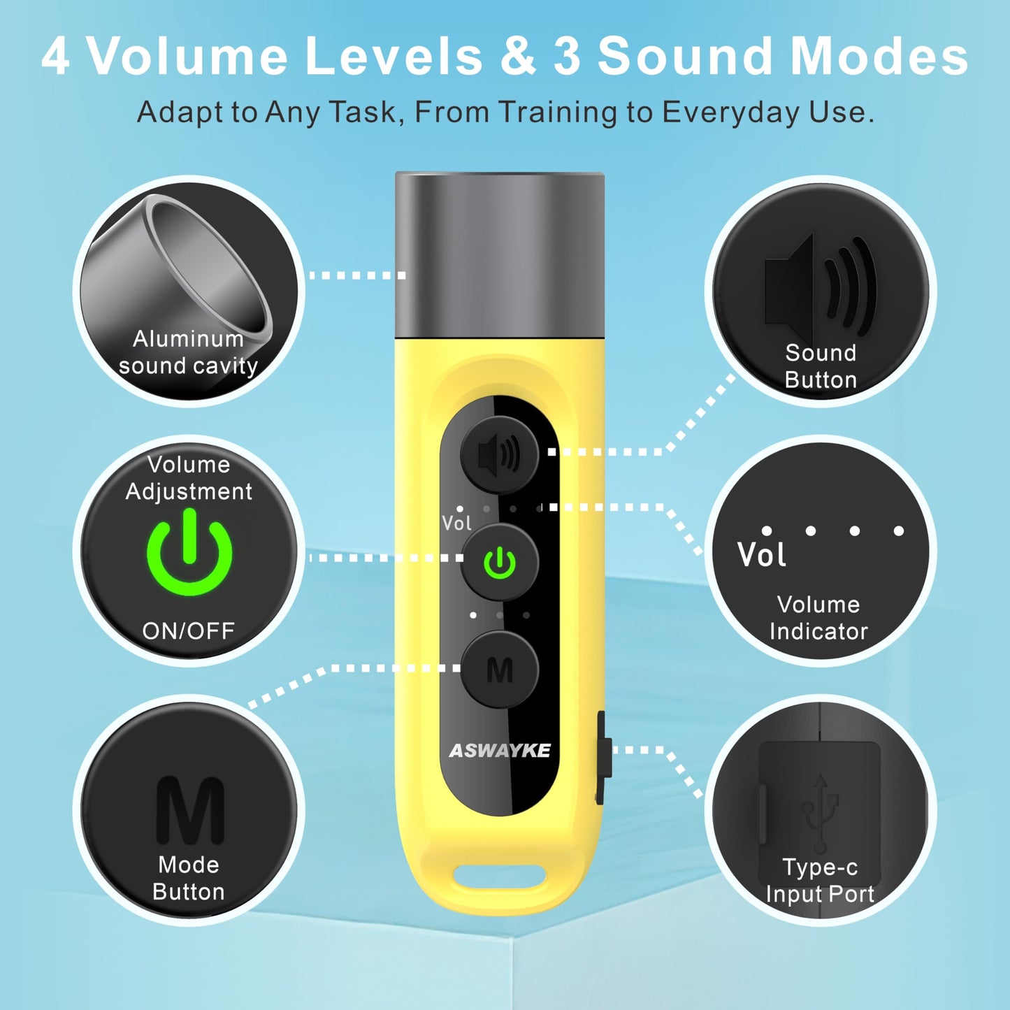 ASWAYKE Electronic Whistle Highest IPX5 Maximum Sound 125db Battery 1000mAh Yellow for Coaches Teacher, Sports Whistle