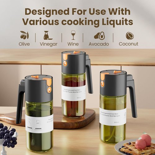 LUKUMIQI 2-in-1 Oil Sprayer - 17oz Light-Blocking Glass Bottle for Cooking, Salad & BBQ