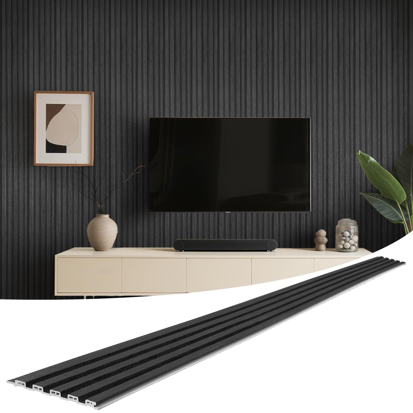 LARWORKS WPC Slat Wall Panels 8 Pack 96" x 6", Waterproof Fluted Wall Paneling, Accent 3D Wall Panel for Wall Decor, Bathroom, Bedroom, Office - Low Grille Black (Cover Approx.32 sq.ft)