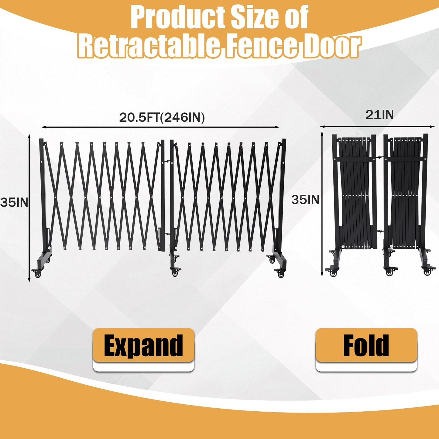 20.5FT Industrial Expandable Barricade, Retractable Metal Safety Gate with Wheels, Adjustable Traffic Fence for Construction Sites, Traffic Control, Warning Lines, Elevators, garages.
