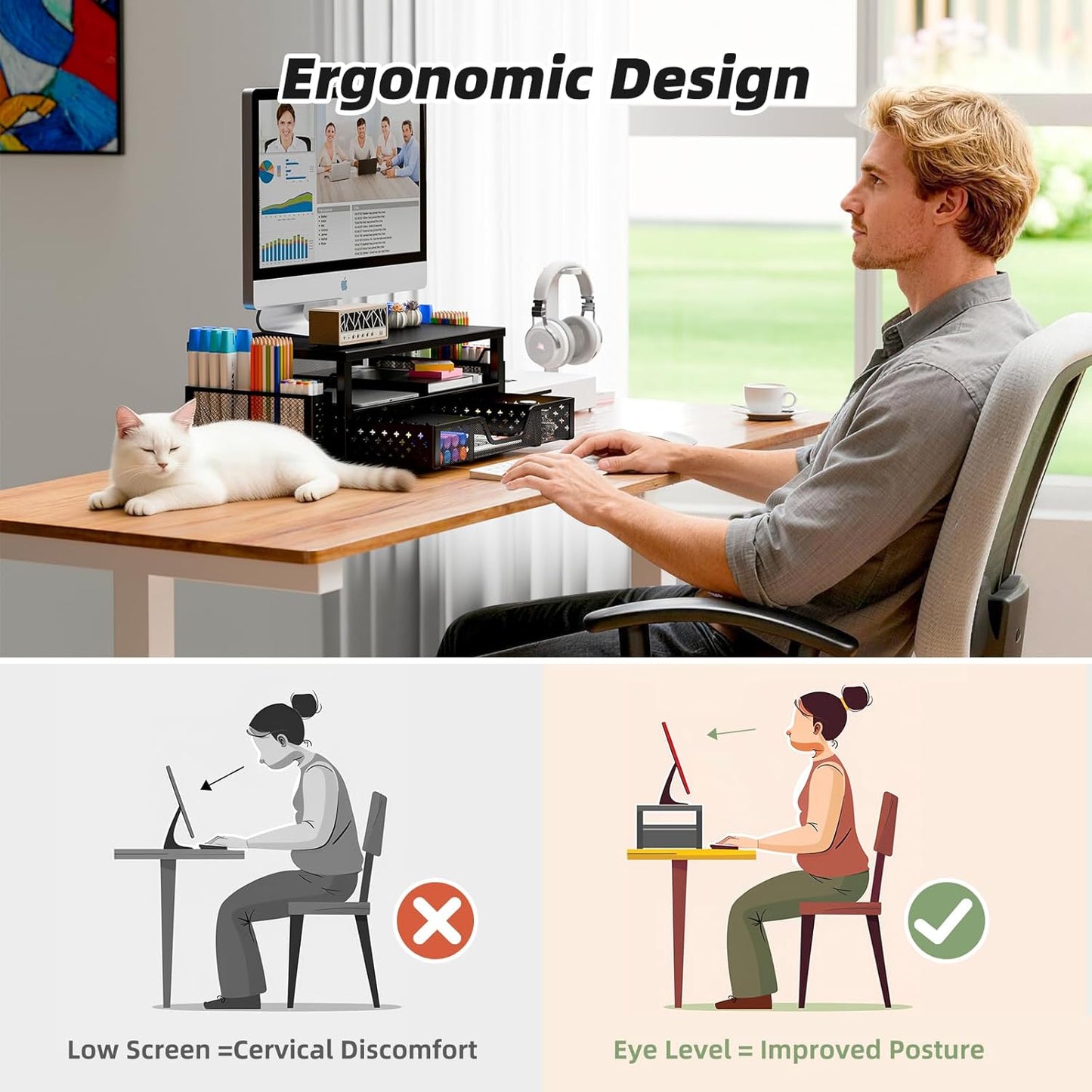2-Tier 2 Simple Trending Desk Organizer and Accessories, Computer Monitor Stand Riser with Drawer and Pen Holders