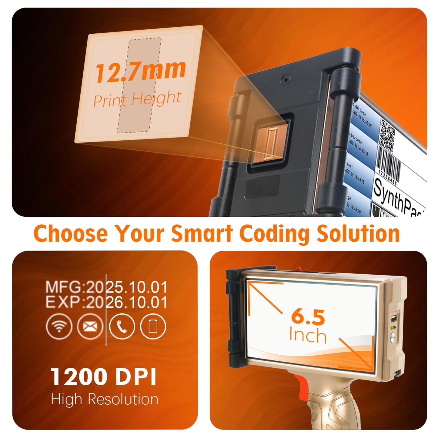 Handheld Inkjet Printer, 1200 DPI Portable Handheld Printer with 6.5 Inch Touchable Screen, 0.5 Inch Print Height for Printing QR Barcode Batch Number Logo on Plastic Carton Wood Metal Glass (SH1)