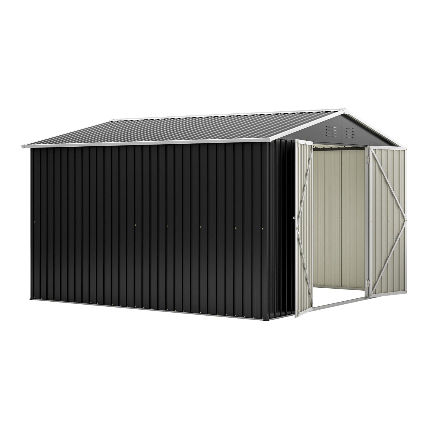 10'x10' Galvanized Steel Storage Shed with 4 Top Air Vents, Lockable Double French Door Large Garden Tool Shed, Black