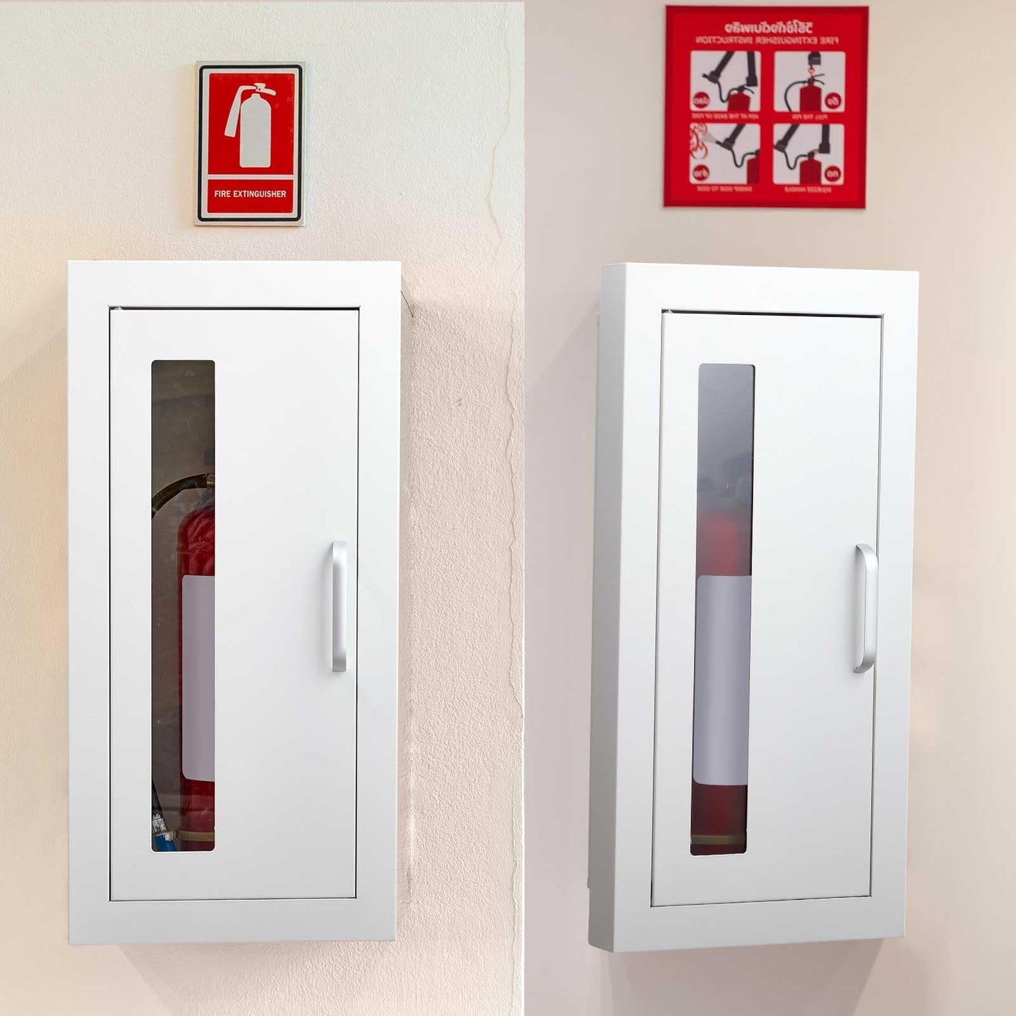 Zonon 2 Pcs Semi Recessed Fire Extinguisher Cabinet Industrial Architectural Wall Cabinet, Door with Handle Version for 10 Pound Dry Chemical Fire Extinguisher White