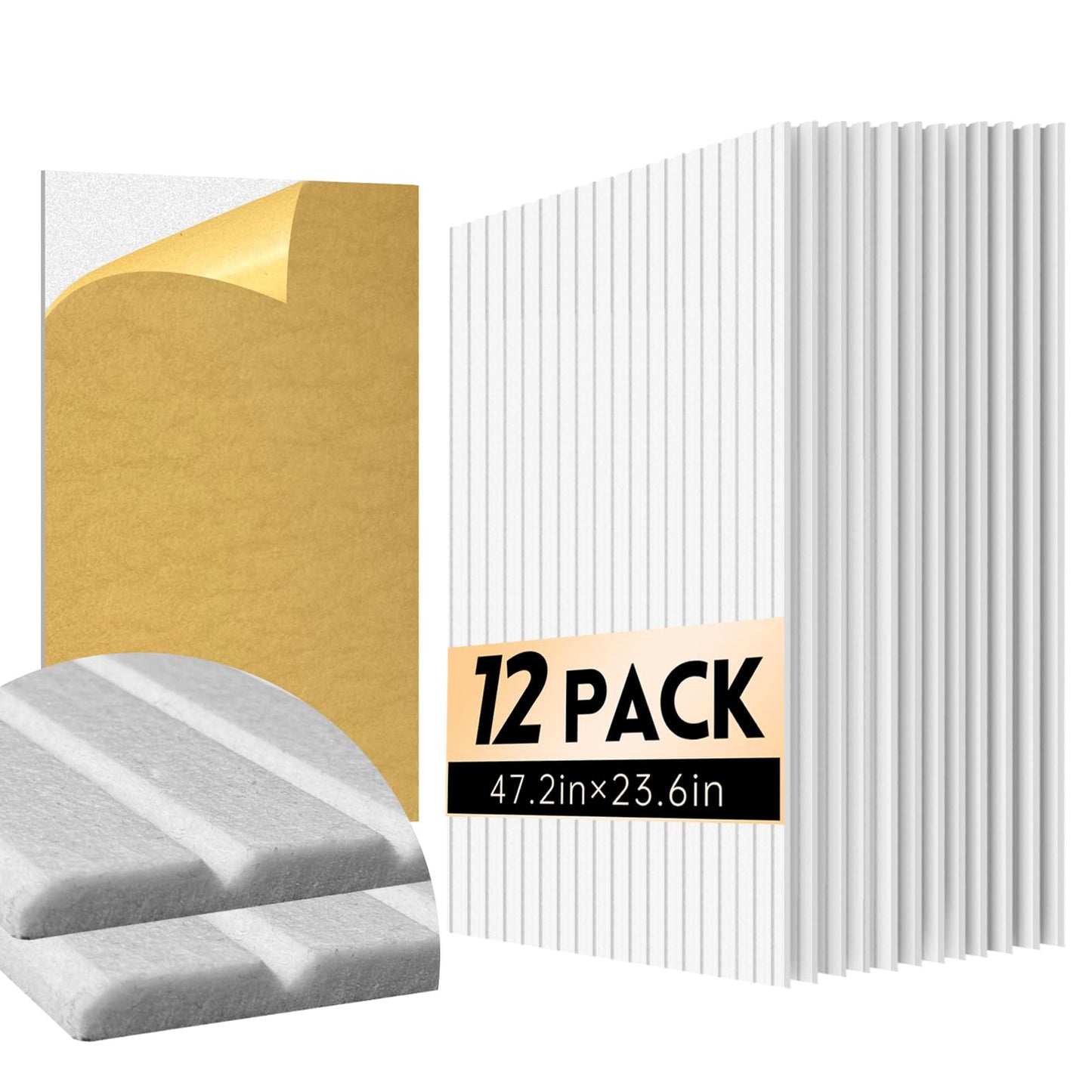 RITOLLO 12 Pack Acoustic Wall Panels, 47.2X23.6X0.4 inch Decorative Self-Adhesive Soundproof Panels, Sound Dampening Panels for Home Studio Office, White(White,12)