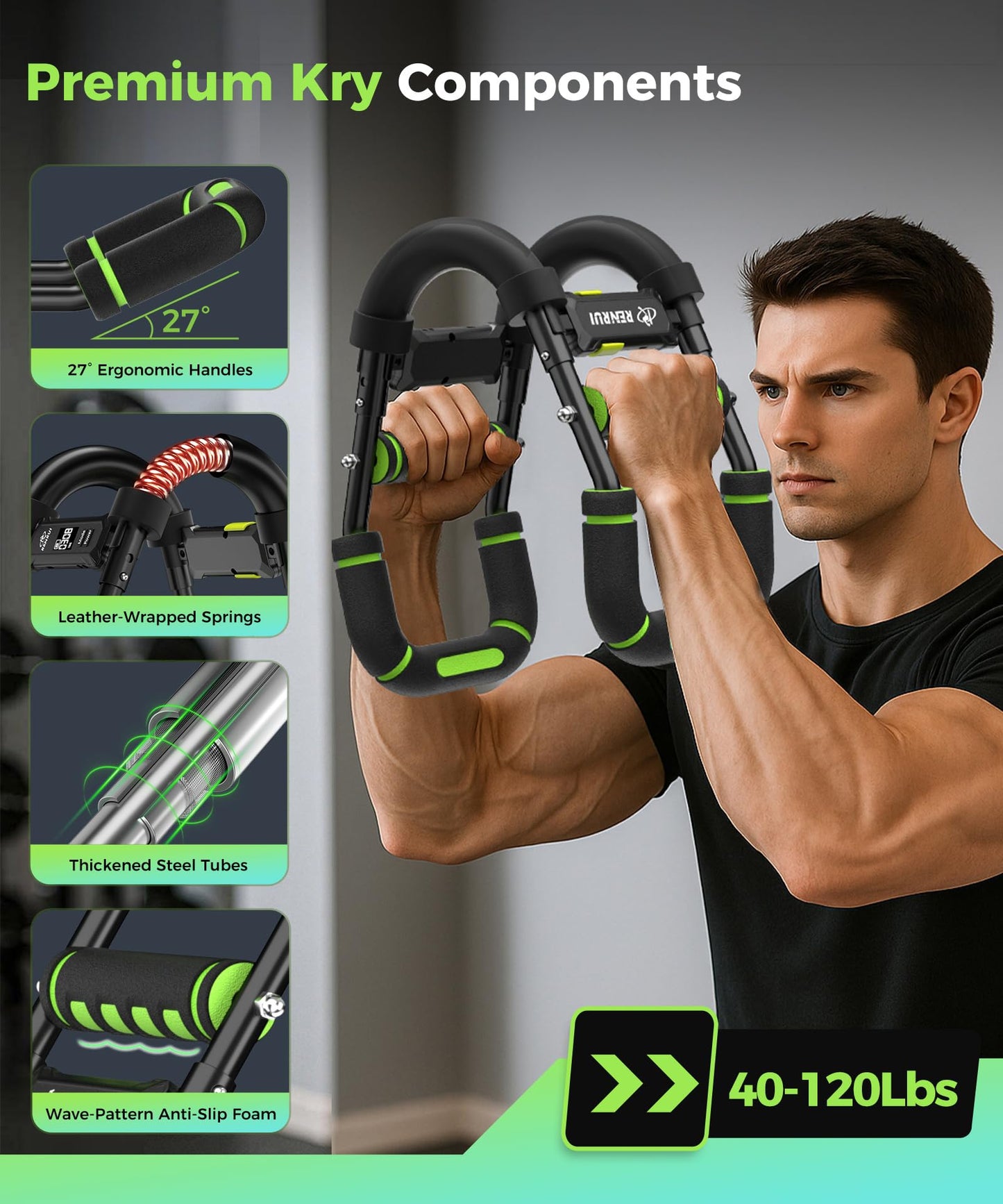 Twister Arm Trainer & Chest Workout Equipment with Digital Display - Auto Reps & Calorie Estimator, 40-120 lbs Home Gym Chest Exerciser for Men, Green Pro