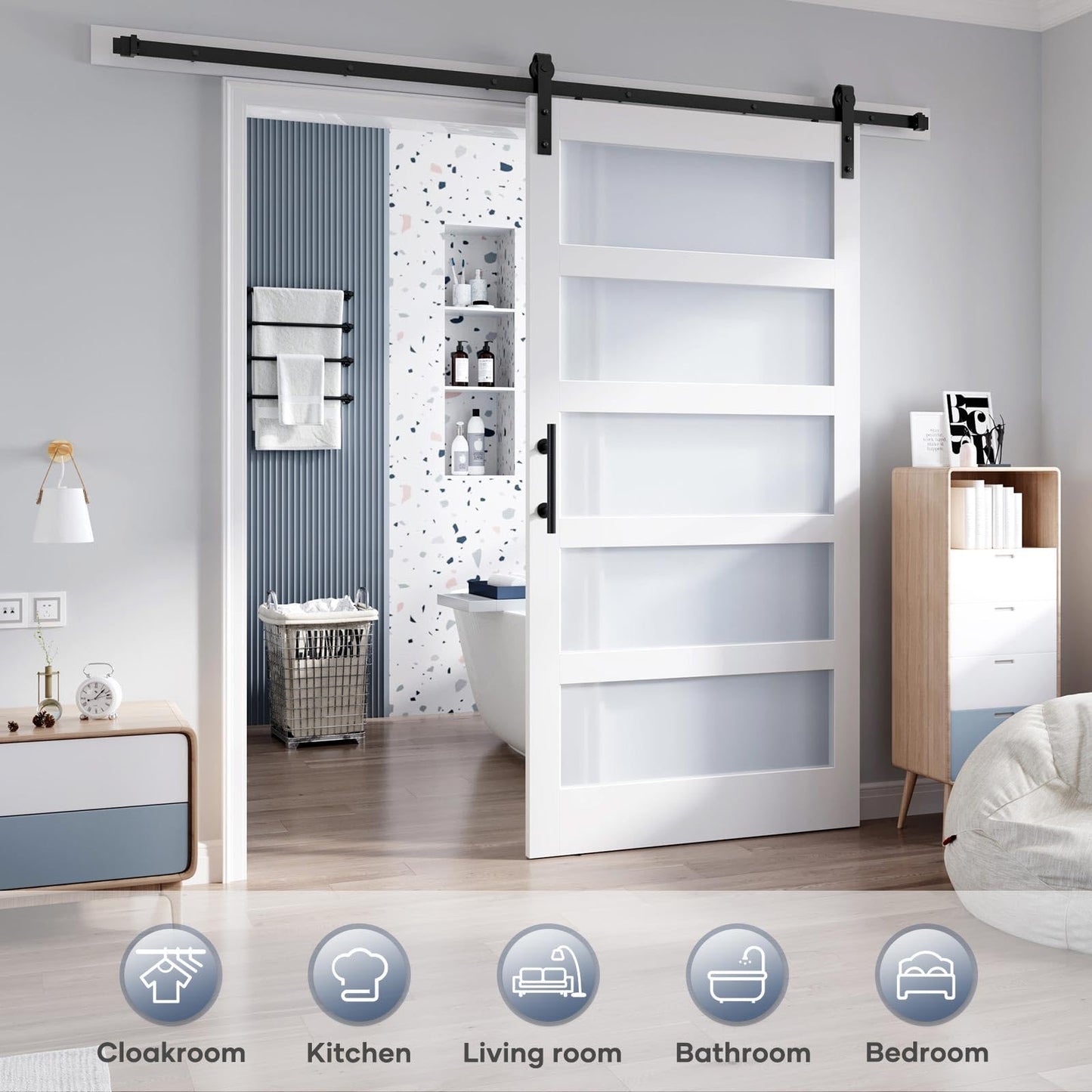 ROYMELO 40x84 Inch Glass Sliding Barn Door Slab and 7ft Hardware Kit Included, 5 Frosted Glass, LVL Wood Panel Covered with White Water-Proof Scratch-Proof PVC Surface, Simple DIY Assembly