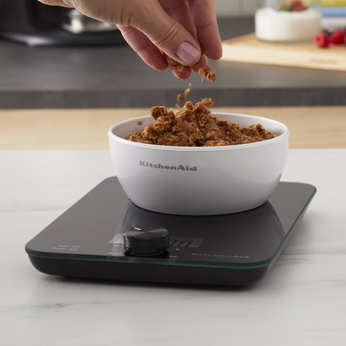KitchenAid KQ914BA Digital Glass Top Kitchen and Food Scale, 11 lb Capacity, Measures Liquid & Dry Ingredients, Rotating Knob, Precise Results for Baking, Cooking, Keto and Meal Prep, Tare, Black