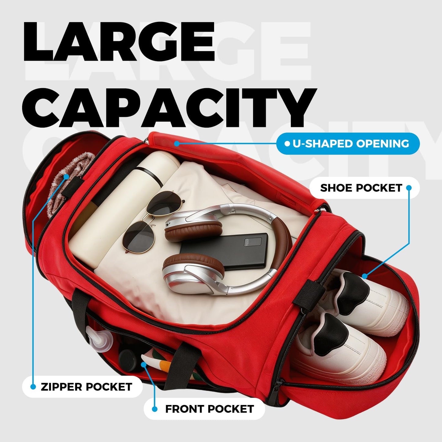 Uarition Mens Gym Bag, 55L Large Sports Duffle Bags, Workout Bags Lightweight, Red