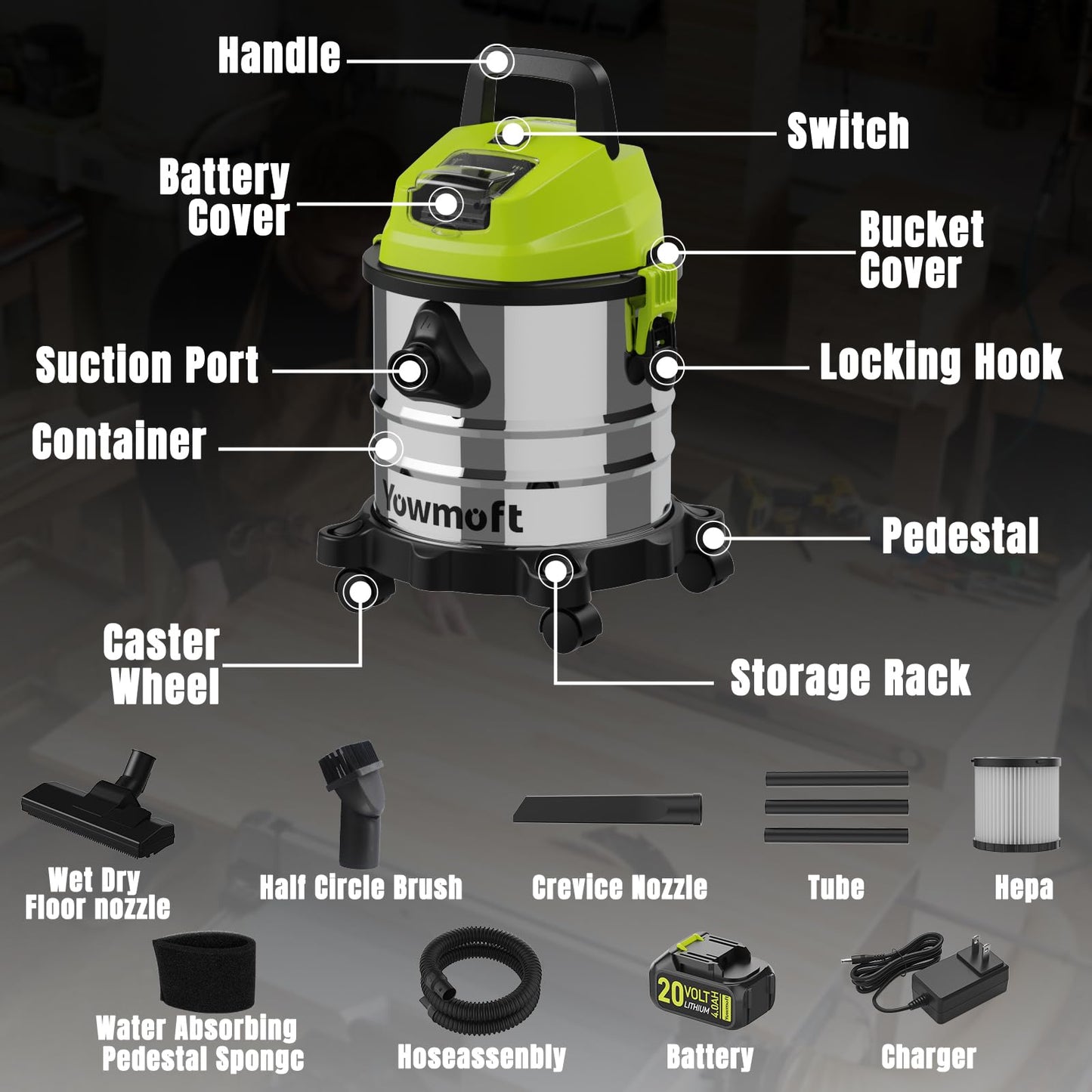 YOWMOFT 4 Gallon Cordless Shop Vac, Cordless Shop Vacuum Wet and Dry with 16 Kpa Strong Suction & Blower, Portable Shop Vacuum, Battery Powered Shop Vac for Car, Home and Garage, CVC2015