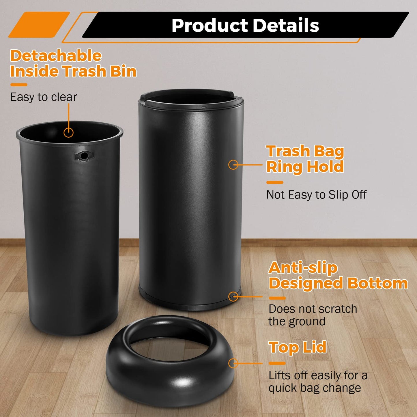 BEAMNOVA Commercial Trash Can 16.5 Gallon Open Top Outdoor Indoor Garbage Enclosure Inner with Lid Inside Barrel 14.6 * 32.7 inch Stainless Steel Industrial Waste Container