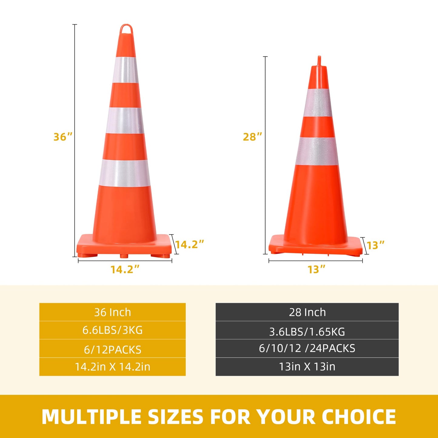 DWVO 12Pack 28in Traffic Cones with 36FT Chain, Safety Road Parking Cones PVC Base, Orange Traffic Cone with Reflective Collars, Hazard Construction Cones for Home Traffic Parking Road