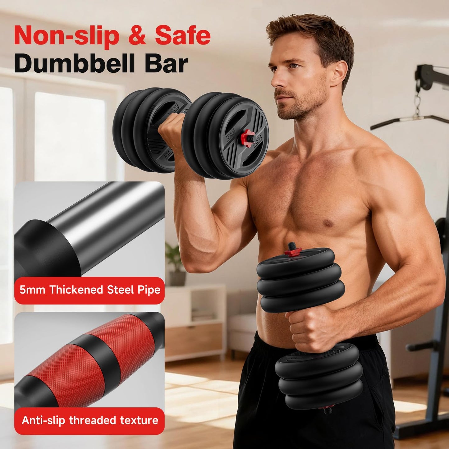 Cvonte Adjustable Dumbbell Set, 45lbs Free Weight Set With Double Locknut, 5-in-1 Dumbbells Set Includes Barbell, Kettlebells, Push up Stand, Fitness Exercise for Home Gym Suitable Men/Women
