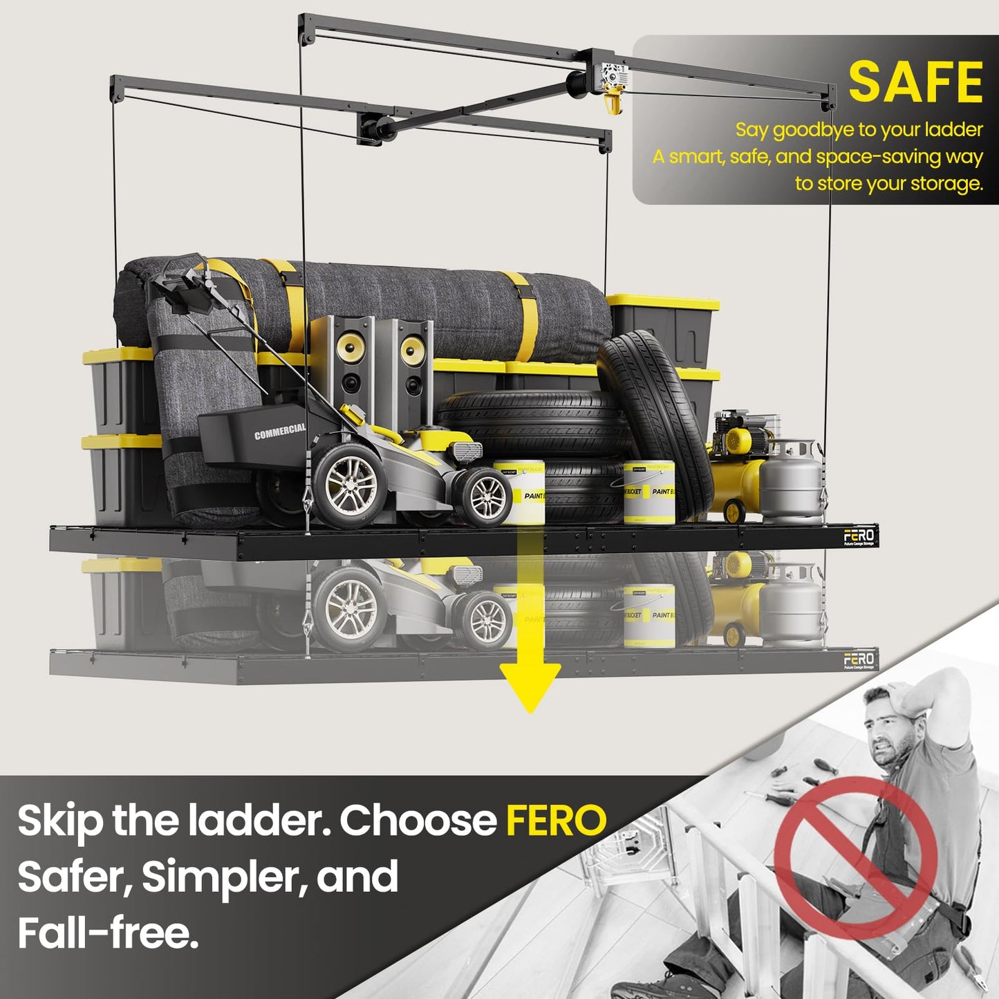 FERO Overhead Garage Storage Rack 4x8, 500 lb Heavy-Duty Capacity, Ceiling Mounted Storage Lift with Safety Lock, Drop Down Overhead Storage System, Garage Ceiling Hoist Organizer