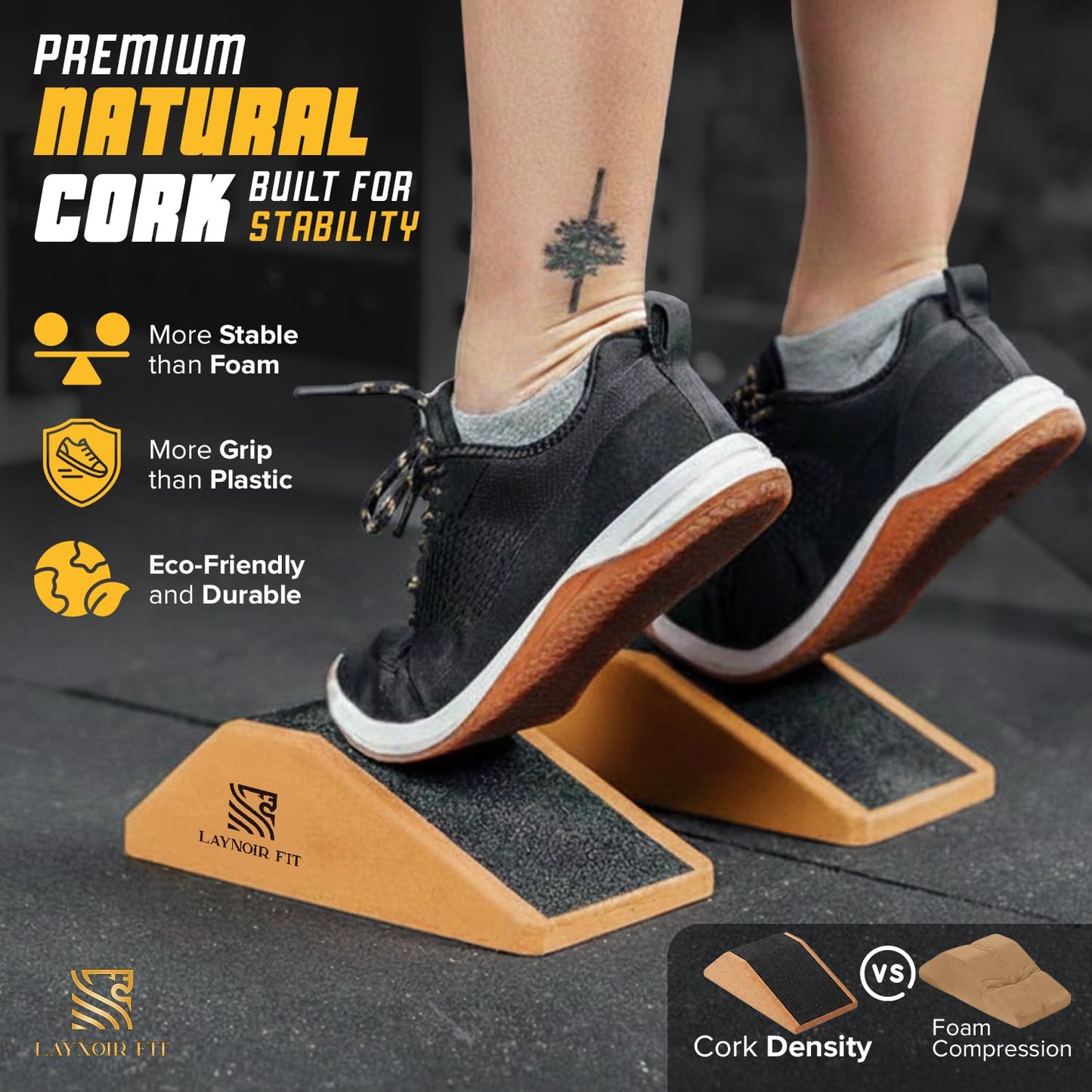 LAYNOIR Fit Anti-Slip Squat Wedge Block (2-Pack) – Heel Elevated Squats, 20° & 40° Cork Wedges for Weightlifting, Mobility & Knee Support – Includes Resistance Bands & Carry Bag