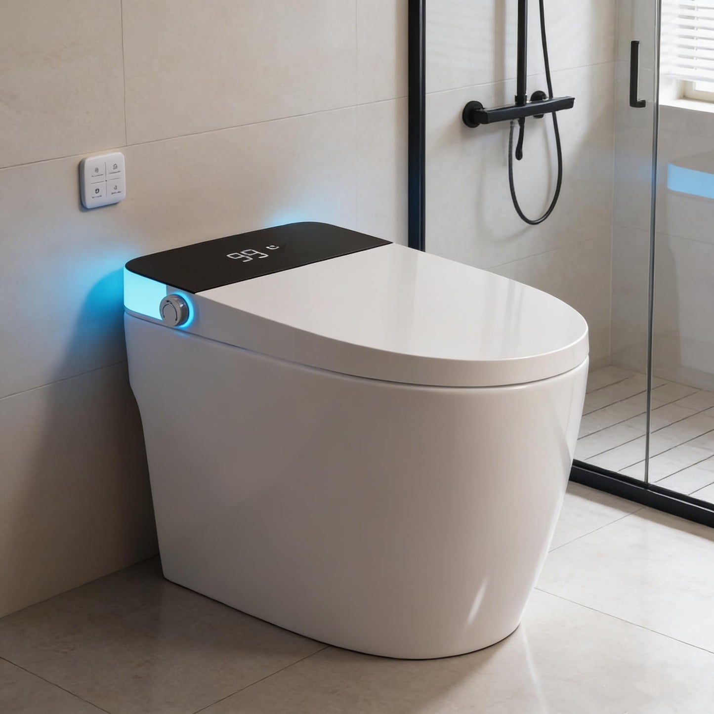 Smart Toilet with Heated Seat, Foot Sensor Auto Flush, One Piece Toilet for Bathroom, Electric Tankless Toilets with Night Light, LED Display, Dual Flush Remote - Pre-Wetting
