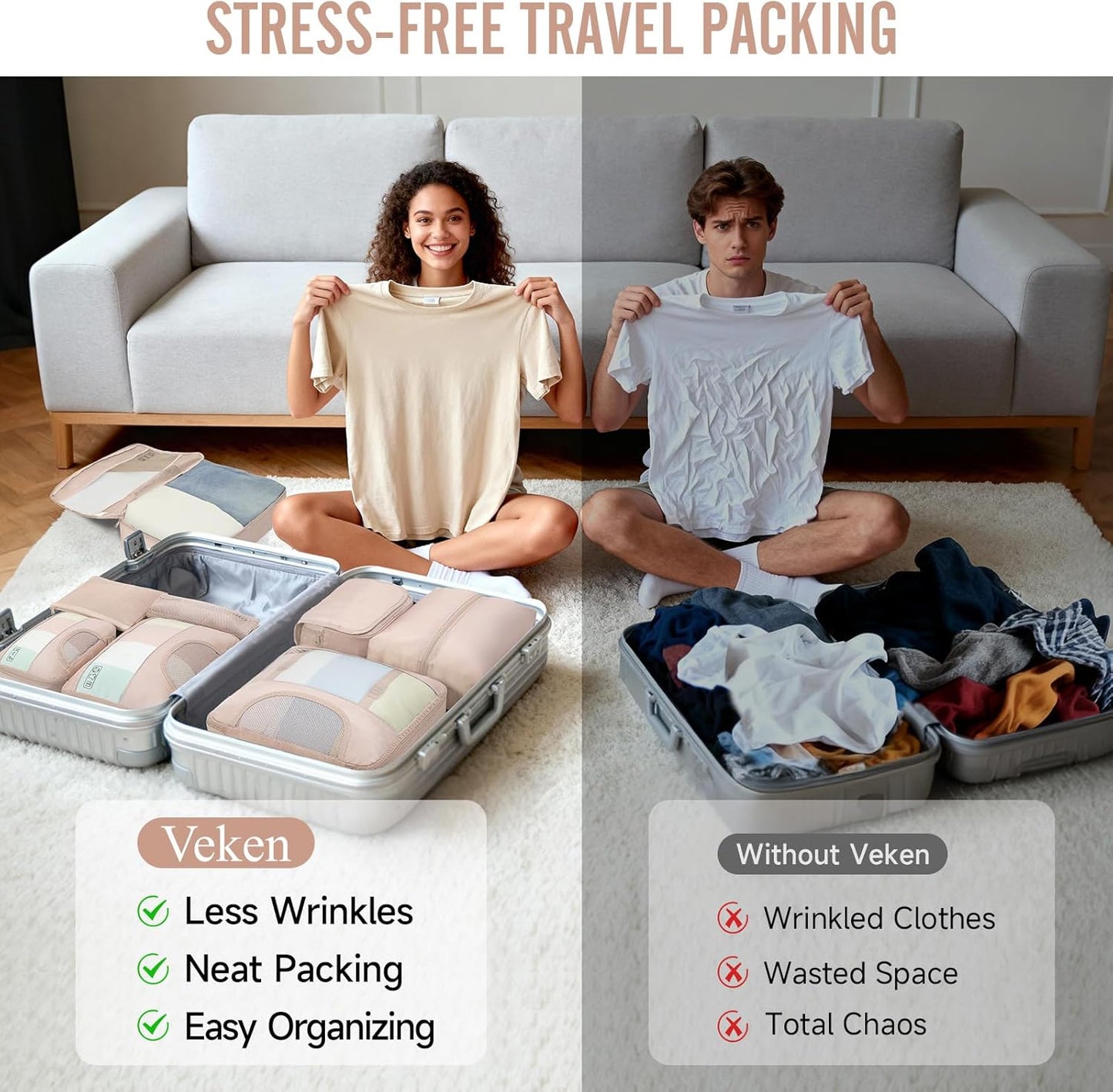 Veken Packing Cubes Set - Essential Travel Organizers for Beach Vacations | Includes Hanging Toiletry Bag