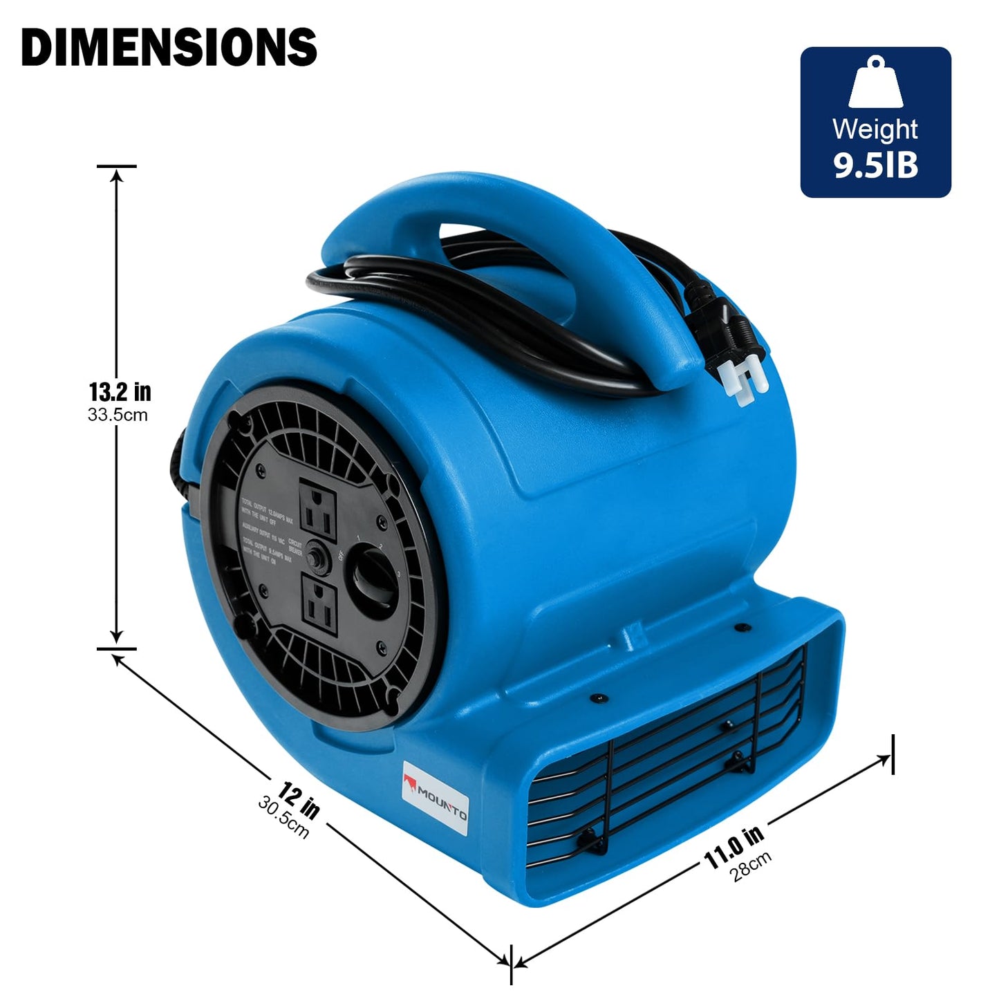 MOUNTO 1/5hp Air Mover 800cfm Blower Fan Carpet Floor Drying Fan - 3-Speed Compact Air Mover w/Dual Outlet, 10ft Power Cord for Drying, Cooling, Air Circulation (Blue)