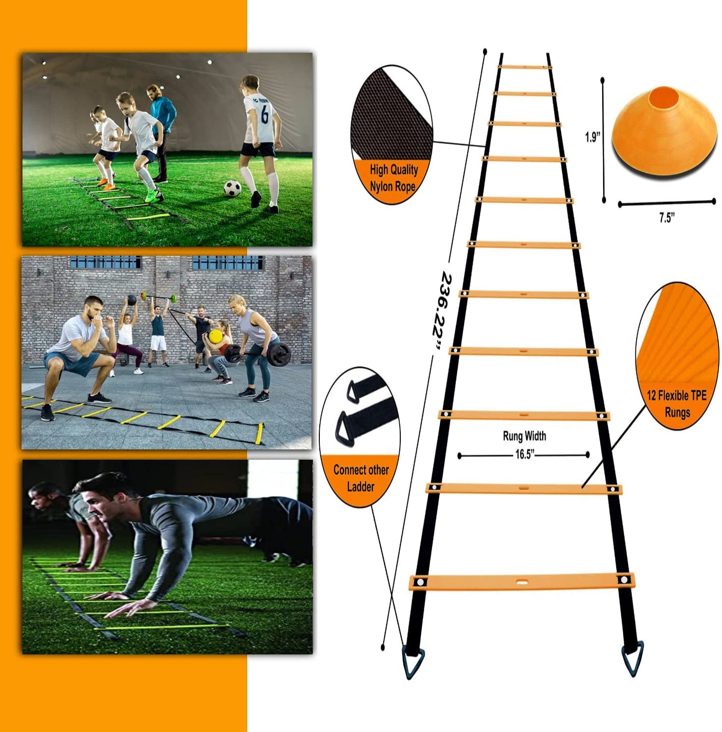 ENDIESS Agility Ladder Set 20ft, 4 Hurdles, 12 Soccer Cones, Jump Rope & Running Parachute - Speed Agility Training Equipment for Soccer Fitness Kids Youth Adults