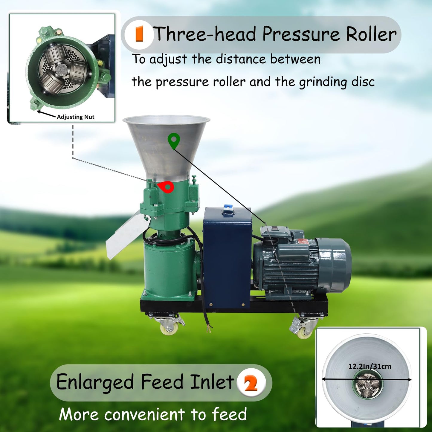 Banfluxion 220V Pellet Mill Machine with 4mm Holes Plate Poultry Food Mill Grinder Feed Pellet Making Machine with Three Head Rollers for Chicken, Duck, Goose and Rabbit, 4.5KW 120-150KG/H