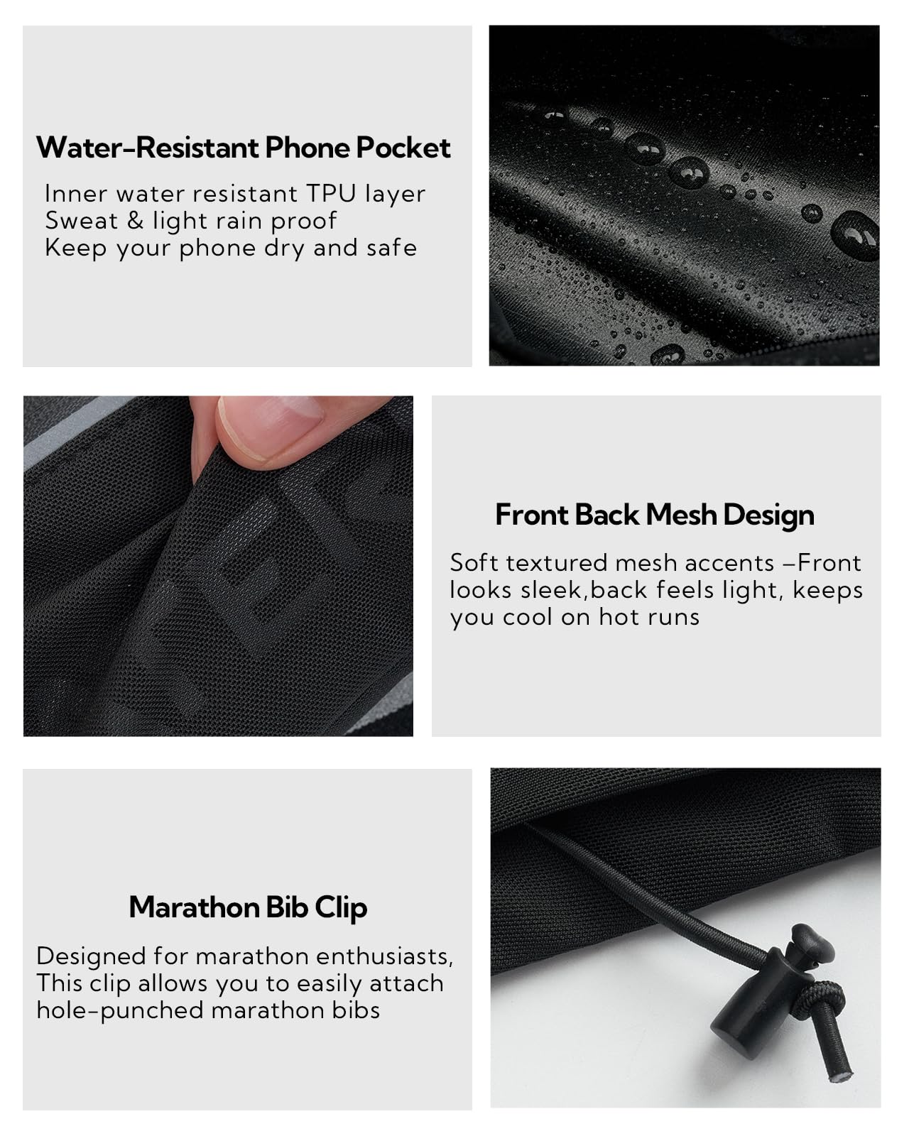 WATERFLY Running Belt Fanny Pack: Breathable 3 Pocket Waist Bag for Men Women Workout Exercise Fitness Phone Holder Fits All Phones - Runner Marathon Jogging Race Belt with Bib Clip Black