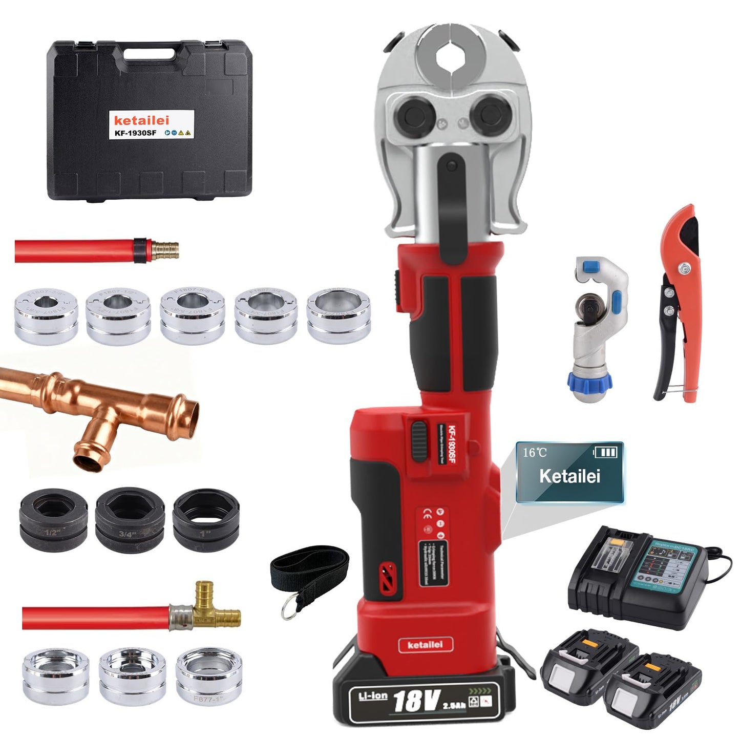 ketailei 18V MAX 22KN Pro Press Tool, Cordless Plumbing Kit for Copper & PEX Pipes, 3-Second Fast Cycle, 1/2" 3/4" 1" Copper Dies, 3/8"–1" ASTM F1807 PEX Dies, F877 Stainless Sleeves (KF-1930SF)