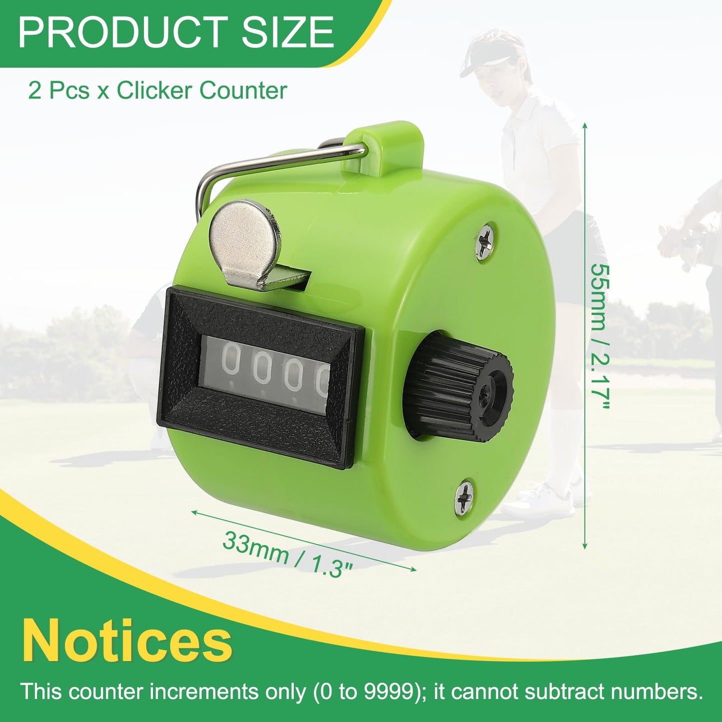 YELARXI Pitch Counter Clicker, 4-Digit Number Clicker for Counting Mechanical Hand Tally Counter - Fitting for (Golf - Fishing - Coaching - Knitting - Sports Events) 2 Pcs & Green