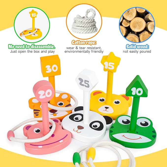 Wooden Ring Toss Game Set, Animal Ring Toss Game Toys, Fun Indoor & Outdoor Yard Game for Kids Adults - Lawn and Backyard Game for Family Birthday Party Easter Festivals Summer Beach Fun Activities