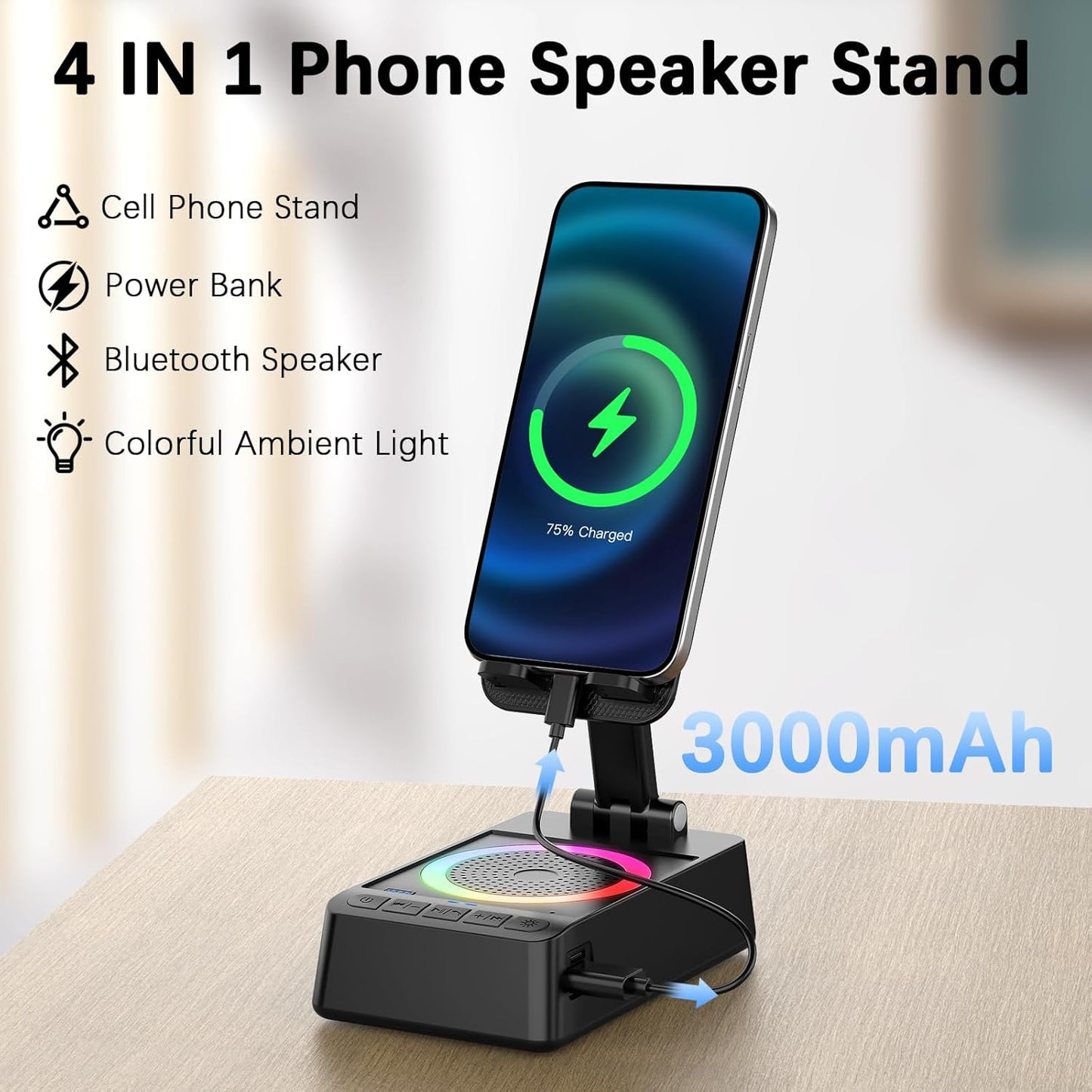buwy (3000mAh), Gifts for Men Women, Cell Phone Stand with Wireless Bluetooth Speaker and Colorful LED Lights