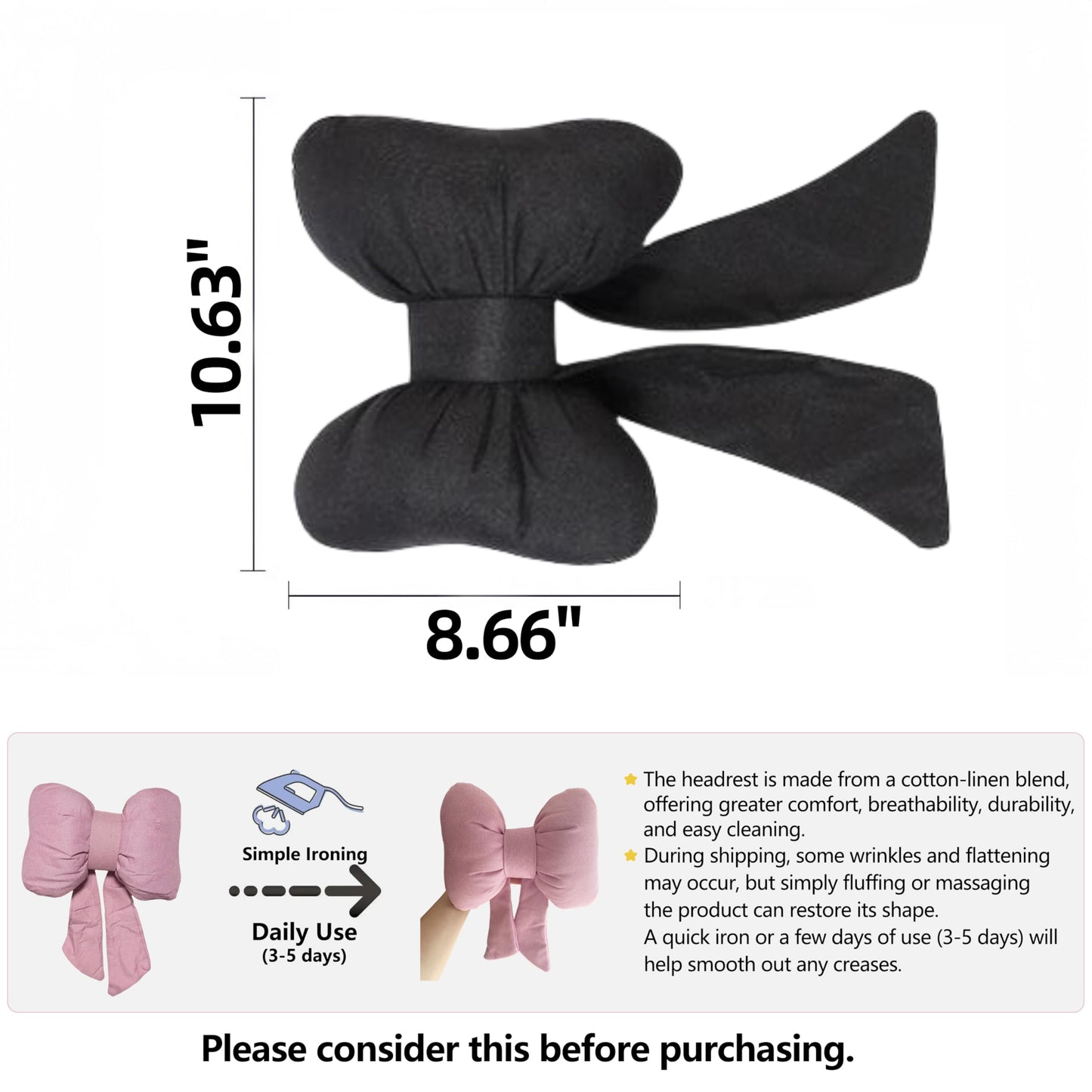 UINSUE 2PCS Chic Car Headrests with Bow-Shaped Cotton Linen Bowknot Neck Pillows for Cozy Road Trip & Cute Interior Decoration (Black)