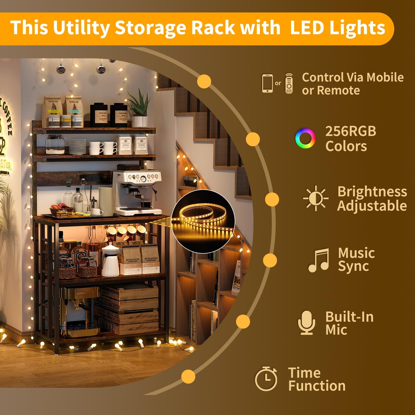 METYERRY Adjustable Bakers Rack with Power Outlet,Coffee Bar Station with Led Lights,Microwave Stand with Storage,5-Tier Kitchen Shelf,Kitchen Storage Rack for Spices, Pots and Pans,Rustic Brown