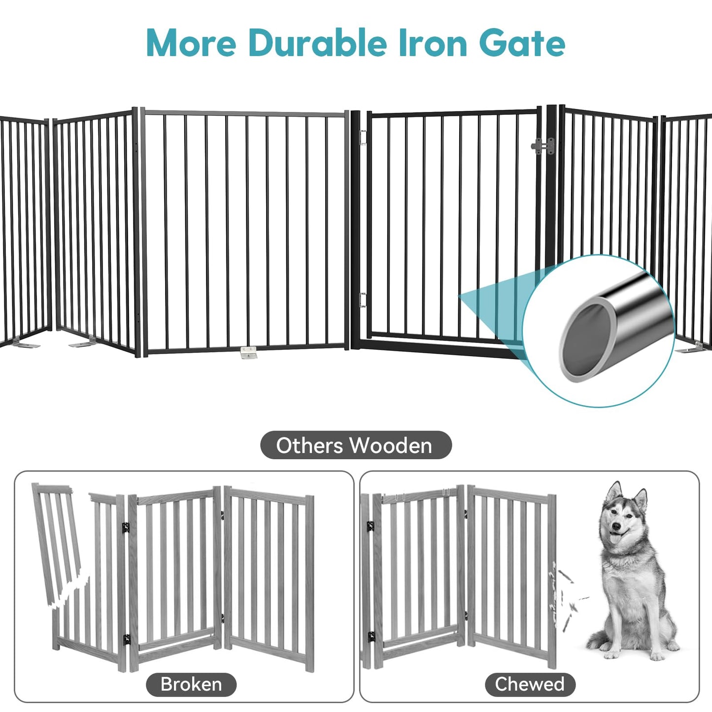 No Pawblems Free Standing Dog Gate with Door, 30'' Tall Foldable Dog Fence for Indoor & Outdoor, Up to 156 Inch Extra Wide Pet Gate for Yard, Deck, Doorways, Stairs, Hallways (Black, 6 Panels)