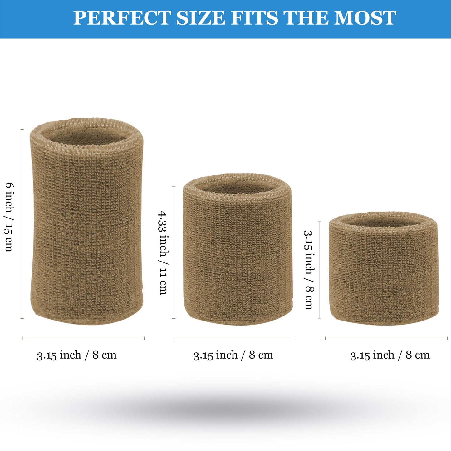 6 Pieces Multi-Sizes Sweatbands Sports Wristband for Men Women Moisture Wicking Tennis Wrist Bands Athletic Cotton Terry Cloth Sweatband for Pickleball,Basketball,Running,Gym,Working Out -Light Camel