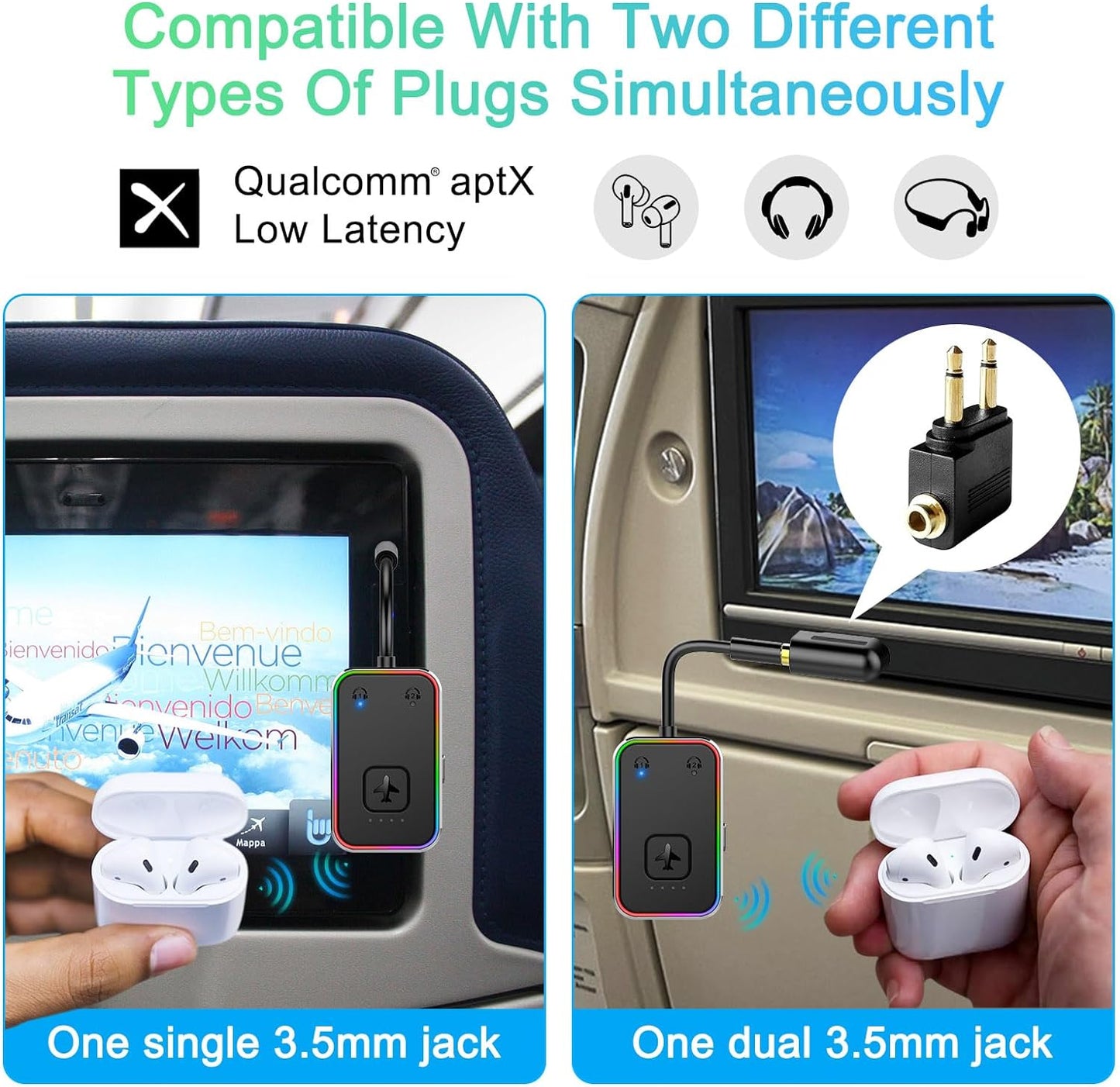 Beeitzie 2026 5.4 2 Ultra Airplane Bluetooth Transmitter aptX LL Low Latency, Supports Headphones Simultaneously