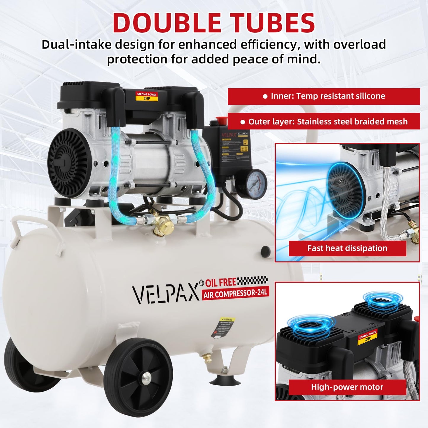 Ultra Quiet Air Compressor, Only 60dB, 6.4 Gallon Tank, Oil-Free, 110V/60Hz 2HP, 6.71CFM@115PSI, Air Compressor Perfect for Spray Painting, Auto Repair, Tire inflation, Woodwork nailing