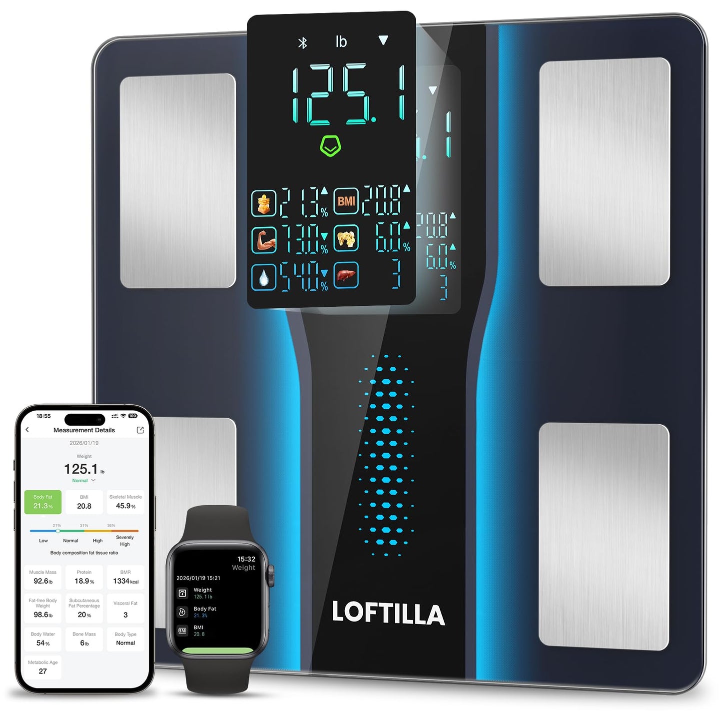 LOFTILLA Smart Scale for Body Weight, Accurate Scale with BMI Body Fat Muscle Mass, 8-in-1 Large Display, Digital Bathroom Scales for 14 Body Composition Metrics, Sync with Fitness App, Black