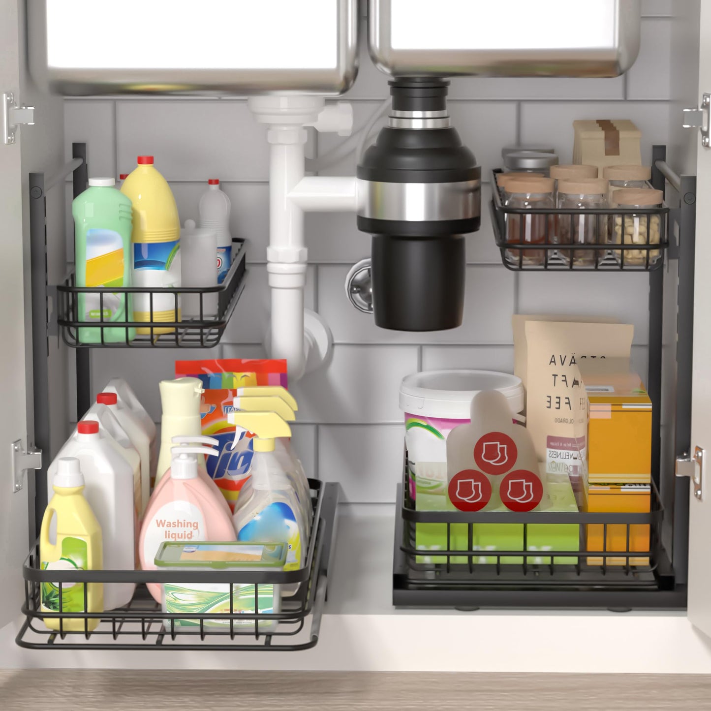 Uninol Under Sink Organizer, Adjustable Height Pull-Out Kitchen Storage Organization,15.8" x 11.8" x 16.5", 2-Tier Kitchen Shelf, Bathroom Drawer Organizer, 2 Pack|Black