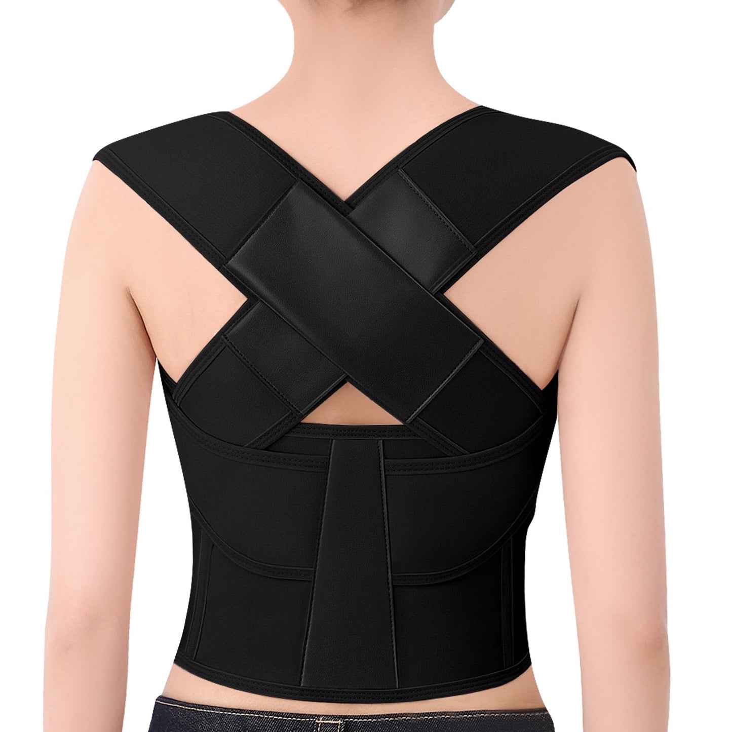 QFE Posture Corrector for Women and Men Back Brace Shoulder Straightener Hunchback Adjustable Support Upper Comfy (Black, Medium (Waist 27.5"-31.5"))