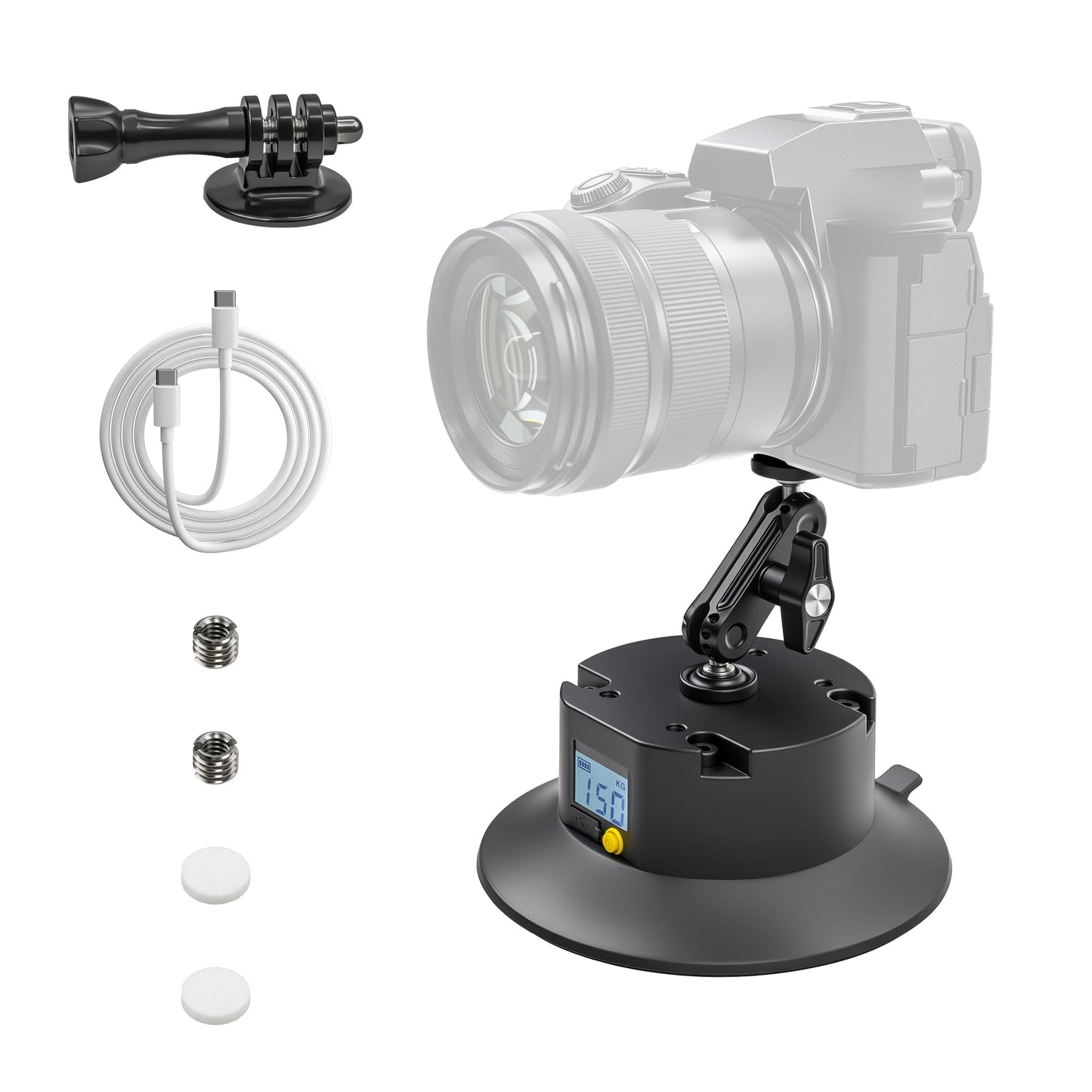 Jakenfou 6" Electric Camera Suction Cup Mount Kit with Display, 5KG Max, 1-Week Battery for Action Camera/Phone on Car/Windshield