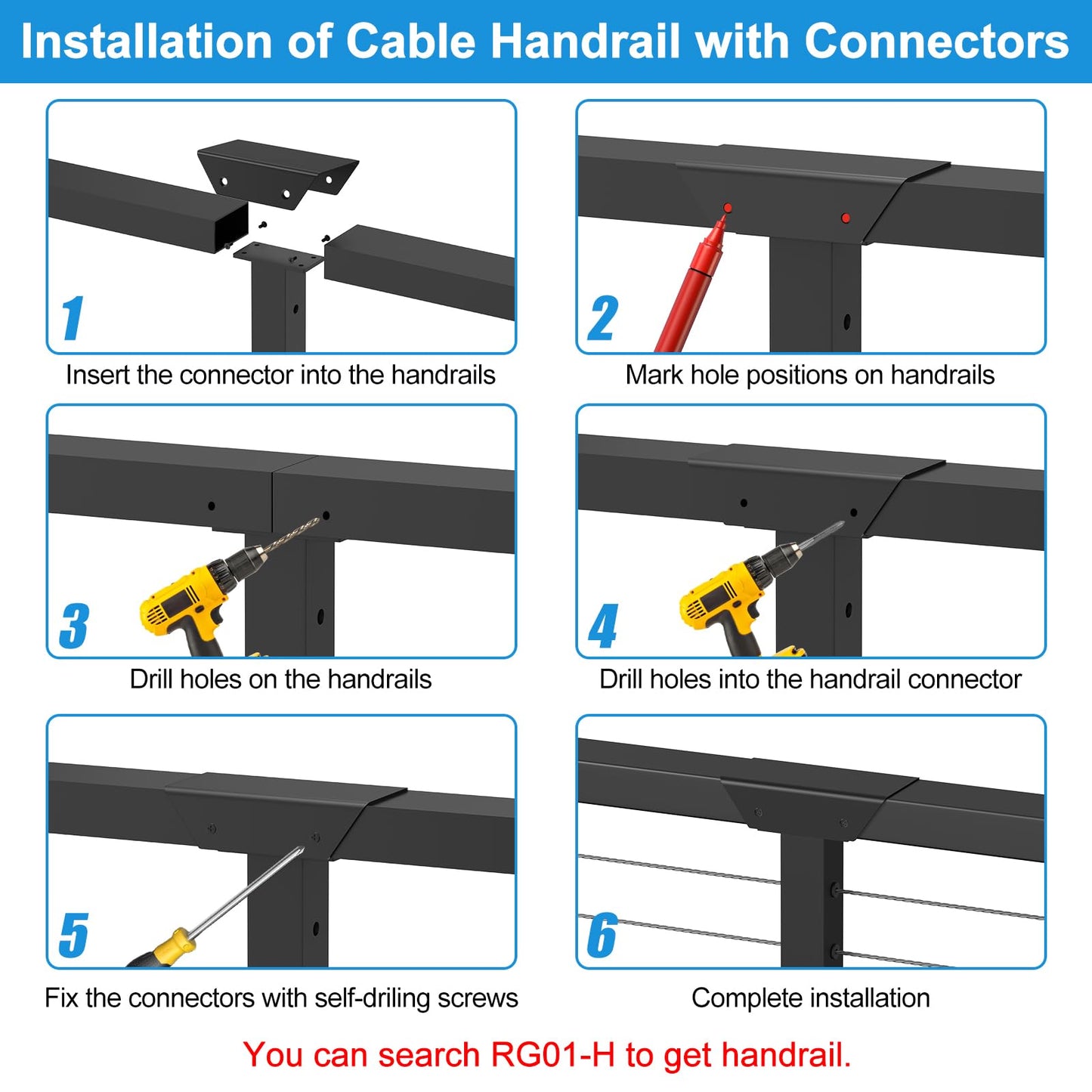 RailinGo Aluminum Extension Connector for Rectangular Handrail, Black Powder Coated Straight Sleeve for Cable Railing Handrail System, Flat Handrail Accessories, Black Wire Railing Kits, RG50