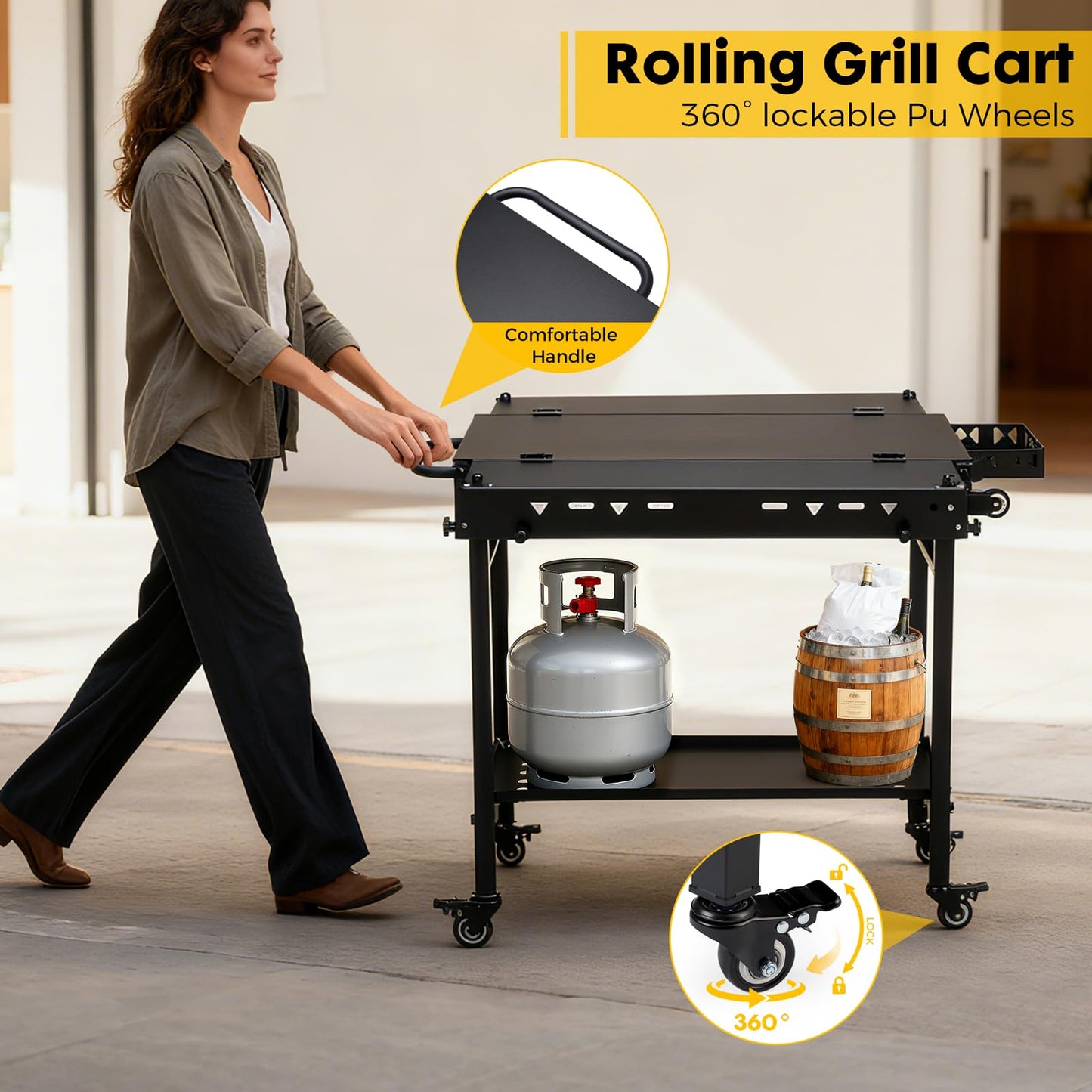 GVGBUK Portable Outdoor Grill Table with Wheels, Heavy-Duty Steel Prep Table, Folding Griddle Stand with Shelves, Bottle Opener, No Assembly Required, for BBQ, Pizza Oven, Patio